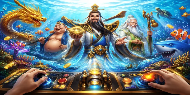 Giao diện sảnh game tam tiên bắn cá sống động với hình ảnh ba vị thần Phúc Lộc Thọ tài lộc