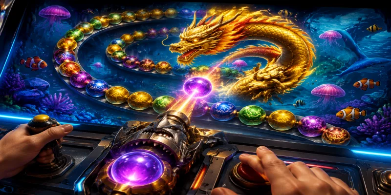 Giao diện sinh động của trò chơi bắn cá rồng zuma với các đường đạn chuẩn xác tại LC88